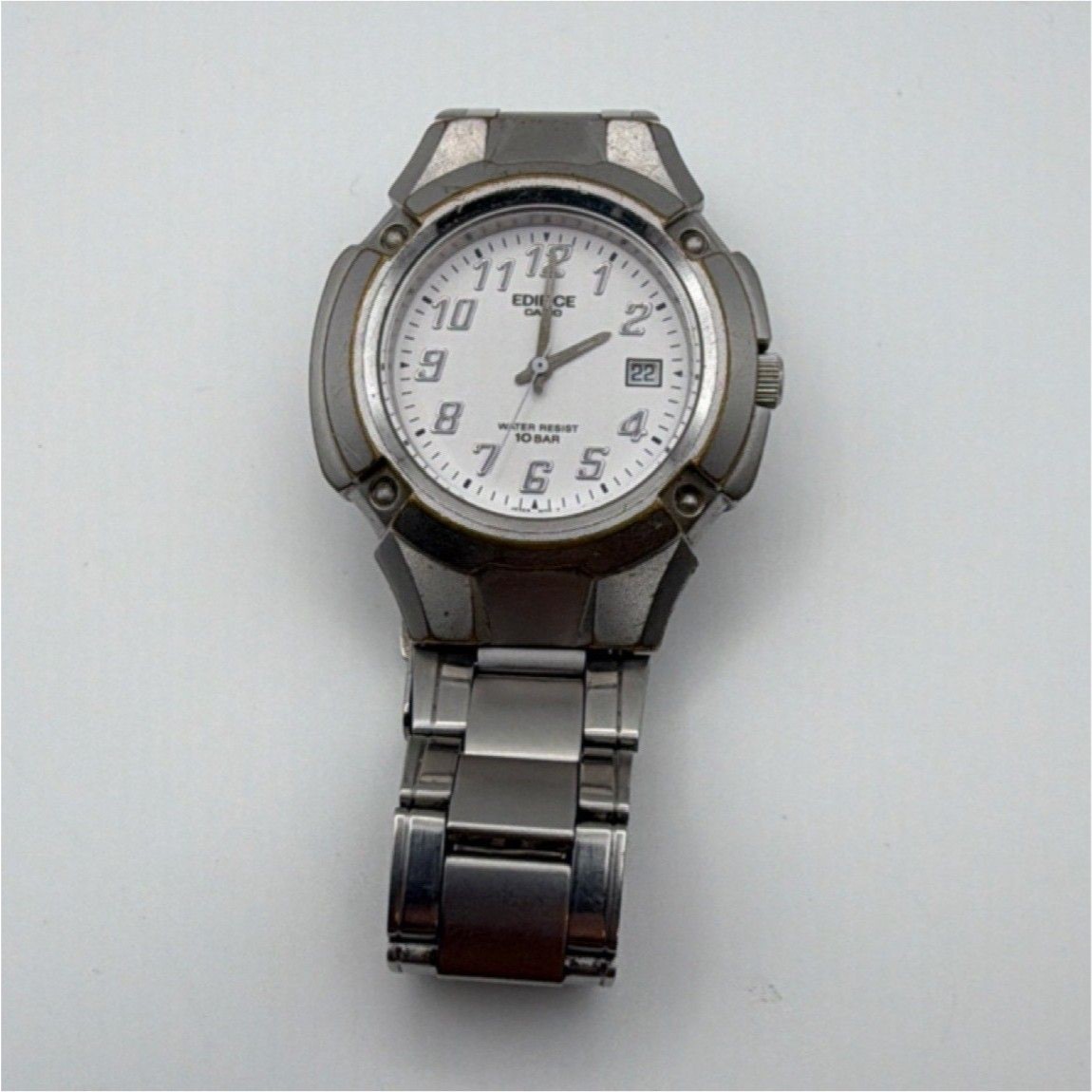 Vintage Casio Edifice Quartz Mens Wristwatch White Dial Stainless Steel Bracelet